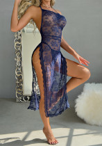 Women Metal Chain Slit Sexy See-Through Suspender Nightdress