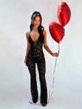 Women Sexy Solid Lace See-Through Backless Halter Neck Bodysuit