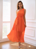 Women Collarless One-Shoulder Chiffon Pleated Dress