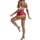 Women Red and White Contrast Off-the-shoulder Thong Stockings Sexy Lingerie Four-Piece Set