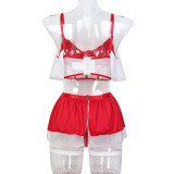 Women Red and White Contrast Off-the-shoulder Thong Stockings Sexy Lingerie Four-Piece Set