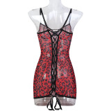 Women Leopard Print See-Through Suspender Dress Lace-Up Sexy Lingerie