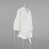 Women Spring White V-neck Lantern Sleeve Long Sleeve Top and Shorts Two-piece Set