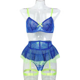 Women Blue Mesh See-Through Tutu Skirt Contrast Patchwork Embroidery Suspender Sexy Lingerie Three-Piece