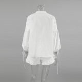 Women Spring White V-neck Lantern Sleeve Long Sleeve Top and Shorts Two-piece Set