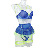 Women Blue Mesh See-Through Tutu Skirt Contrast Patchwork Embroidery Suspender Sexy Lingerie Three-Piece