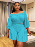 Plus Size Women's Clothing Pleated Off Shoulder Fluffy Slim Waist Casual Two-Piece Shorts Set