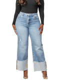 Autumn Winter Women's Solid Color Washed Trousers Folded Legs Long Denim Pants