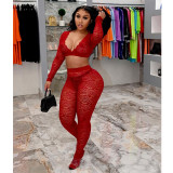 Women's Sexy V-Neck Tight Slim See Through Lace Two-Piece Pants Set