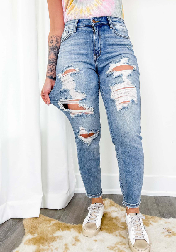 Light Color Tight Pants Women's Pants Street Mid-Waist Skinny Long Ripped Denim Trousers
