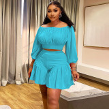 Plus Size Women's Clothing Pleated Off Shoulder Fluffy Slim Waist Casual Two-Piece Shorts Set