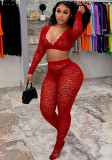 Women's Sexy V-Neck Tight Slim See Through Lace Two-Piece Pants Set