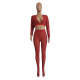 Women's Sexy V-Neck Tight Slim See Through Lace Two-Piece Pants Set