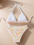 Women Lace Floral Print Sexy Two Pieces Triangle Bikini Swimsuit