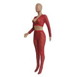 Women's Sexy V-Neck Tight Slim See Through Lace Two-Piece Pants Set