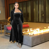 Sexy Velvet Strapless Women Jumpsuit Jacket Two Piece Set