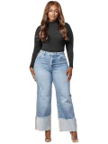 Autumn Winter Women's Solid Color Washed Trousers Folded Legs Long Denim Pants