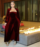 Sexy Velvet Strapless Women Jumpsuit Jacket Two Piece Set