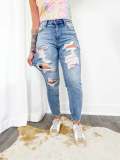 Light Color Tight Pants Women's Pants Street Mid-Waist Skinny Long Ripped Denim Trousers