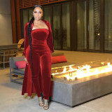 Sexy Velvet Strapless Women Jumpsuit Jacket Two Piece Set