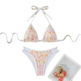 Women Lace Floral Print Sexy Two Pieces Triangle Bikini Swimsuit