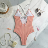 Lace-Up Colorblock Sexy One-Piece Strap Swimsuit