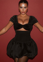 Lady's Spring Elegant Short Sleeve Hollow Velvet Bubble Dress Lady's Spring Elegant Short Sleeve Hollow Velvet Bubble Dress