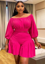 Plus Size Women's Clothing Pleated Off Shoulder Fluffy Slim Waist Casual Two-Piece Shorts Set