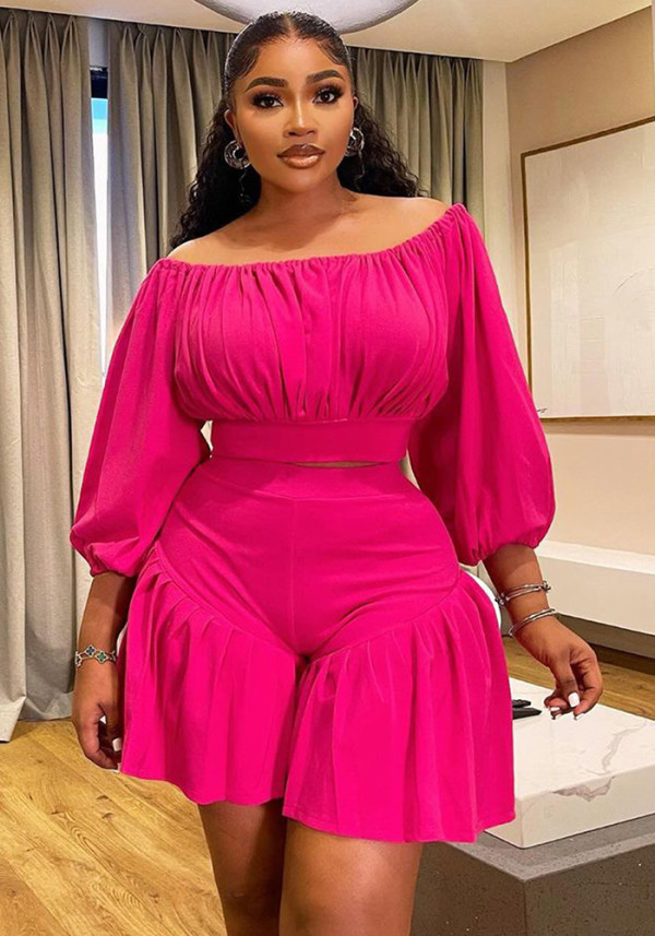 Plus Size Women's Clothing Pleated Off Shoulder Fluffy Slim Waist Casual Two-Piece Shorts Set