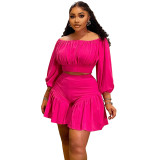 Plus Size Women's Clothing Pleated Off Shoulder Fluffy Slim Waist Casual Two-Piece Shorts Set