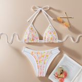 Women Lace Floral Print Sexy Two Pieces Triangle Bikini Swimsuit