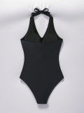 Halter Pleated Mesh Slim Fit Sexy One-Piece Swimsuit