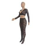 Women's Sexy V-Neck Tight Slim See Through Lace Two-Piece Pants Set
