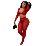 Women's Sexy V-Neck Tight Slim See Through Lace Two-Piece Pants Set