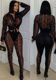 Spring Summer Print Mesh See-Through Shirt And Trousers Two Piece Set