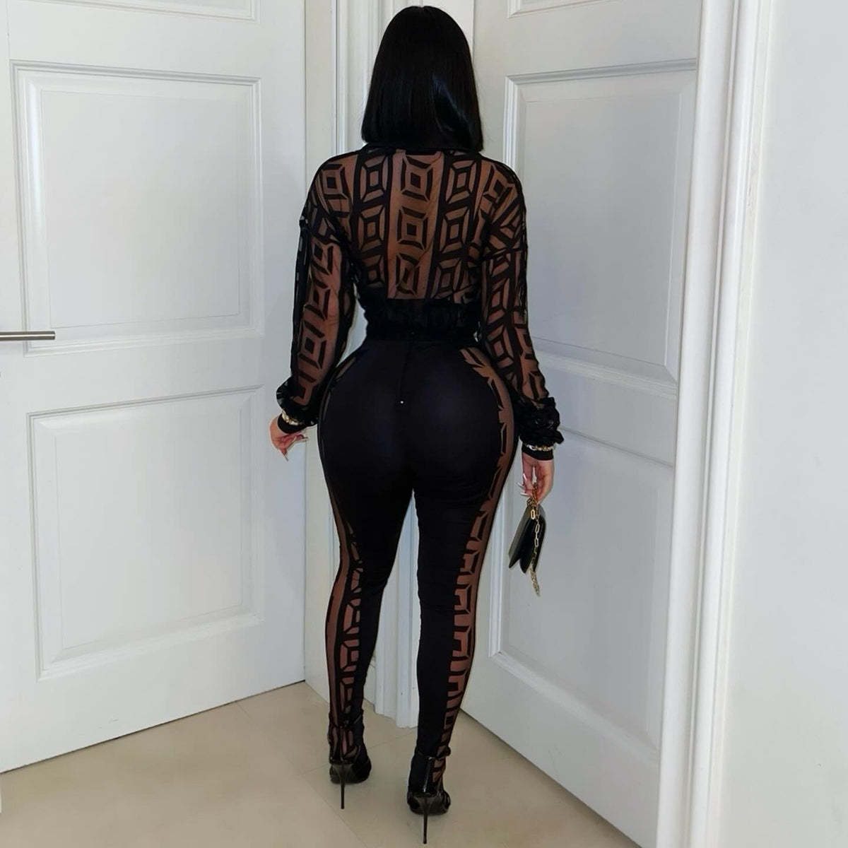 Spring Summer Print Mesh See-Through Shirt And Trousers Two Piece Set