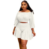 Plus Size Women's Clothing Pleated Off Shoulder Fluffy Slim Waist Casual Two-Piece Shorts Set