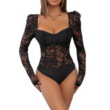 Spring Autumn Lace Patchwork Square Neck Black Bodysuit