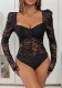 Spring Autumn Lace Patchwork Square Neck Black Bodysuit