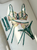 Sexy Lingerie Embroidery Floral Color Matching Bra Garter Set