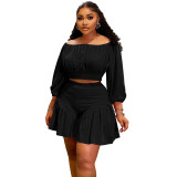 Plus Size Women's Clothing Pleated Off Shoulder Fluffy Slim Waist Casual Two-Piece Shorts Set
