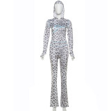 Women leopard print hooded Top and trousers two-piece set
