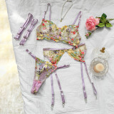 Sexy Lingerie Embroidery Floral Color Matching Bra Garter Set