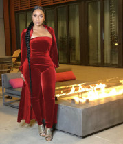 Sexy Velvet Strapless Women Jumpsuit Jacket Two Piece Set