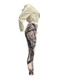 Women Casual Zipper Long Sleeve Top and Print Pants Two-Piece Set