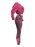Women Casual Zipper Long Sleeve Top and Print Pants Two-Piece Set