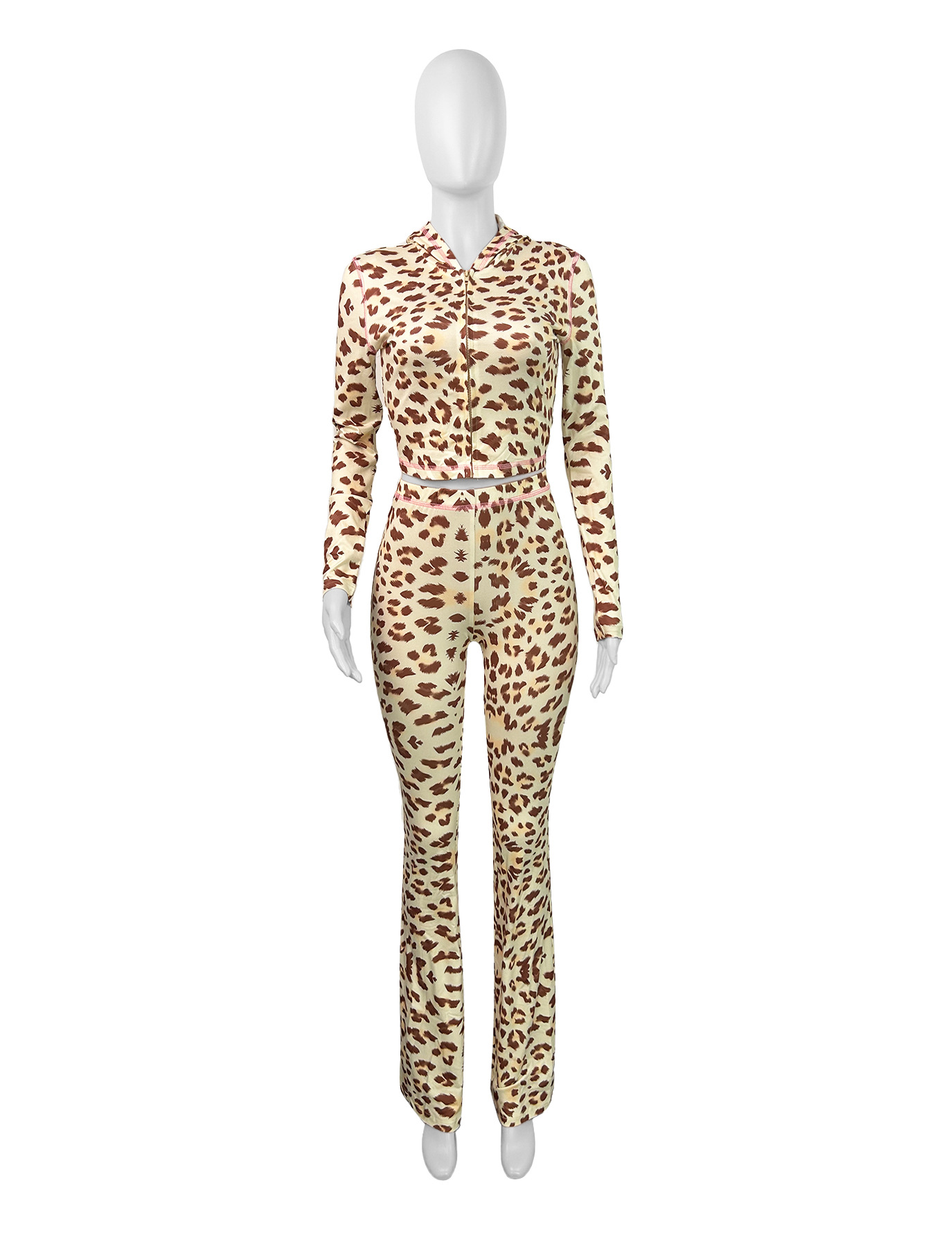 Women leopard print long-sleeved hooded top and pants two-piece set