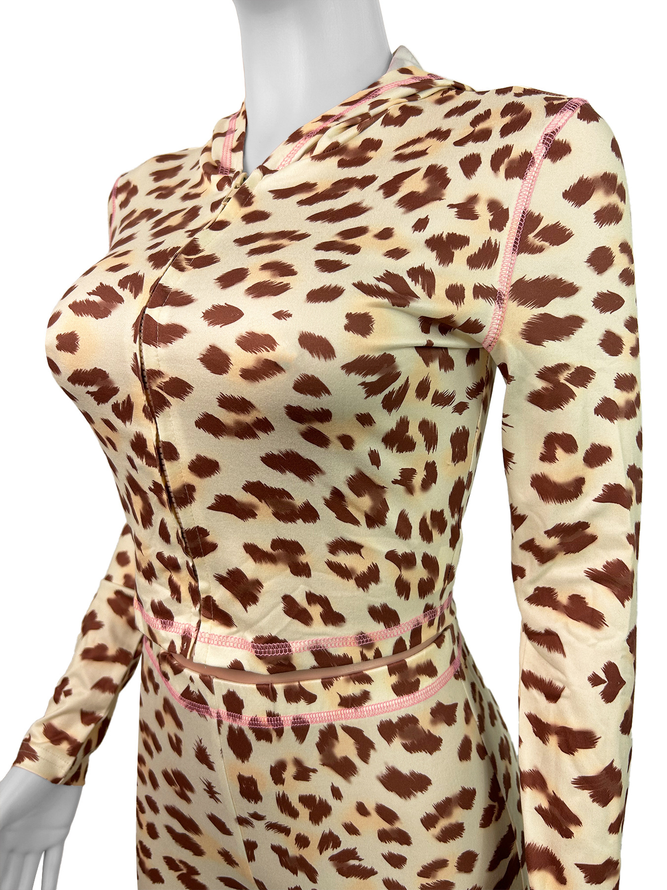 Women leopard print long-sleeved hooded top and pants two-piece set