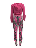 Women Casual Zipper Long Sleeve Top and Print Pants Two-Piece Set