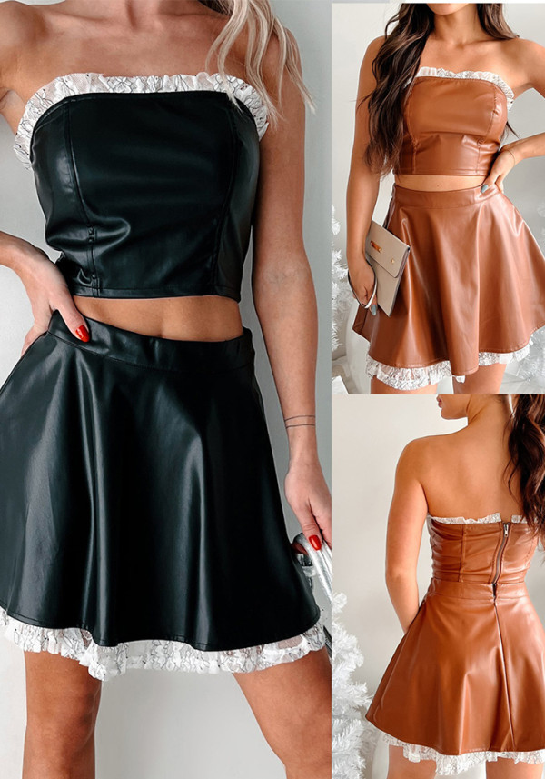 Women Sexy Lace Strapless Crop Top and Skirt pu Leather Two-Piece Set
